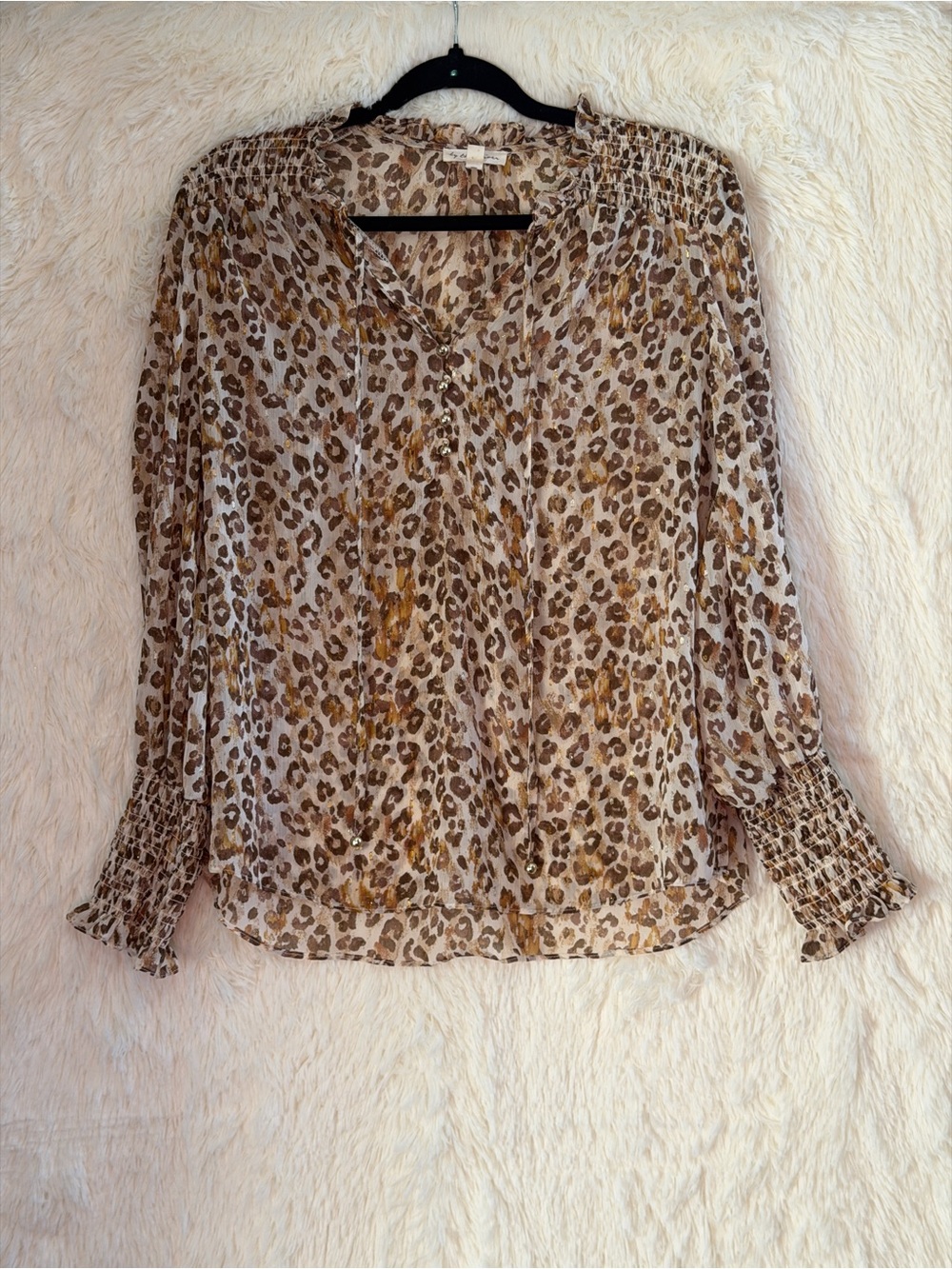 By The River Womens Boho Semi Sheer Cheetah Print Blouse Size S Cream Mob Wife